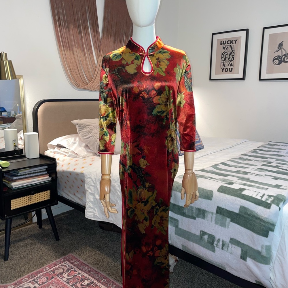 Custom Chinese Cocktail Dress with 3/4 Cuffed Sleeves and Mock Neck